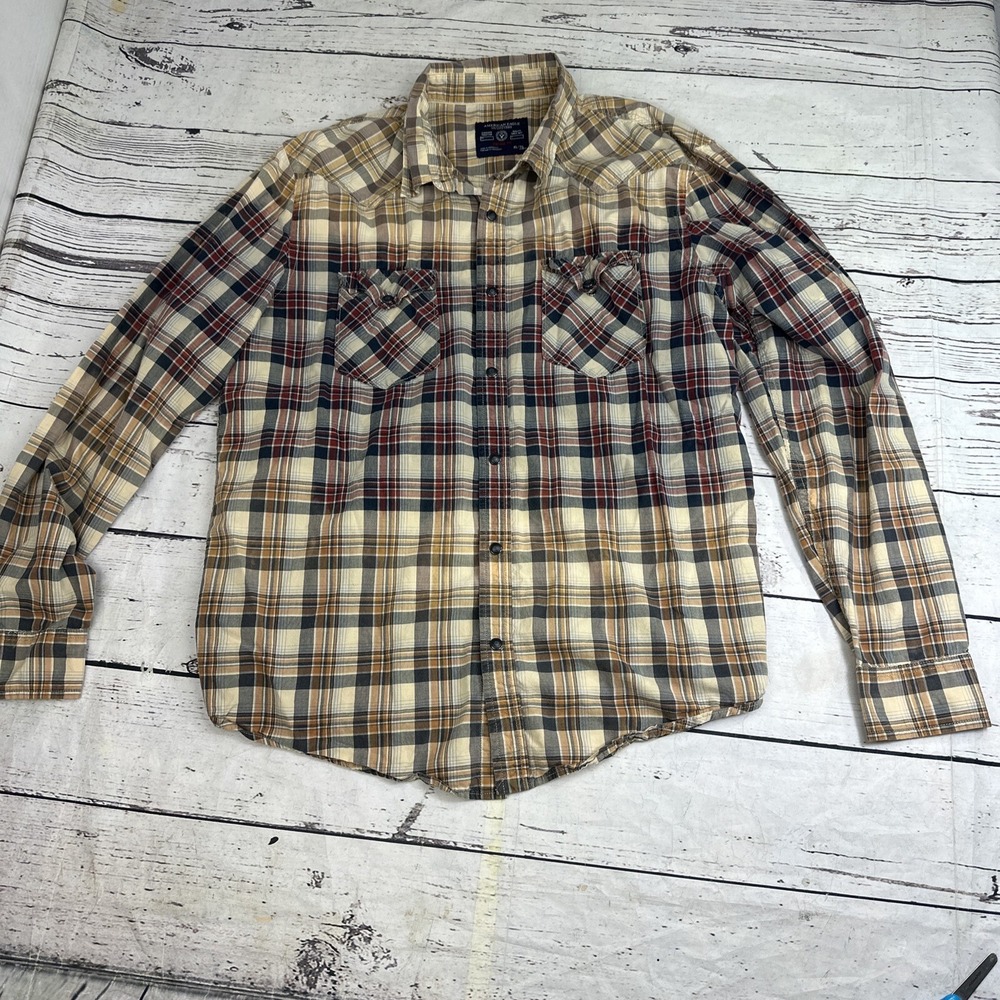 American Eagle Mens XL Pearl Snap Western Shirt Plaid Long Sleeve Rodeo 2 Tone
